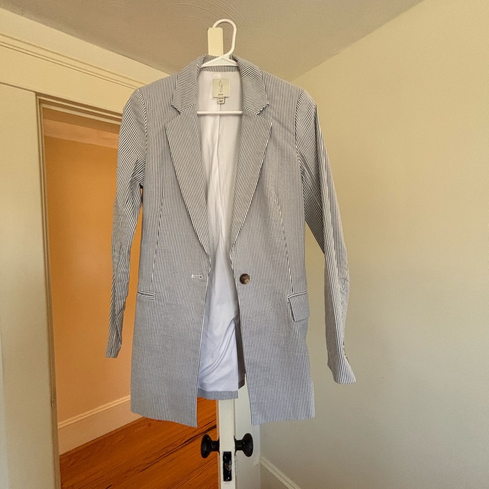 Blue and white seersucker blazer